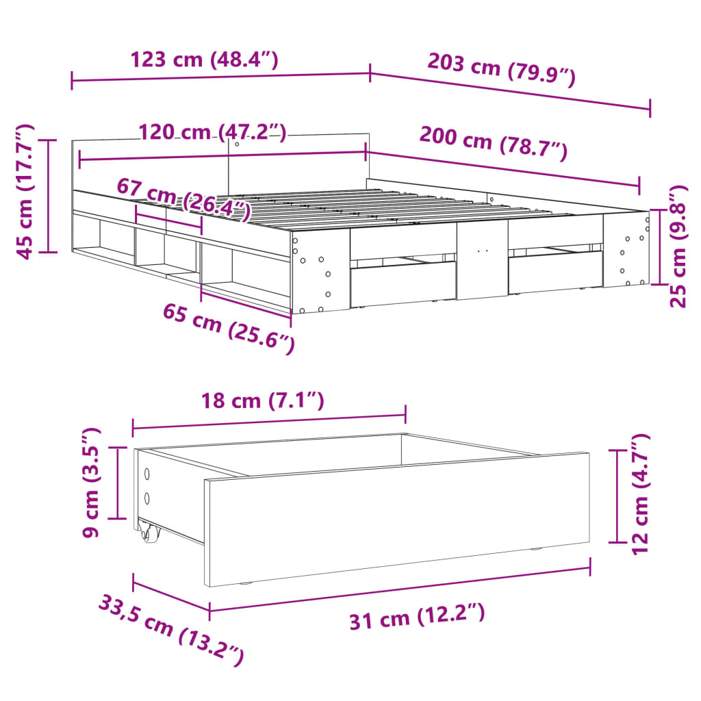 szürke sonoma színű szerelt fa ágykeret fiókokkal 120 x 200 cm