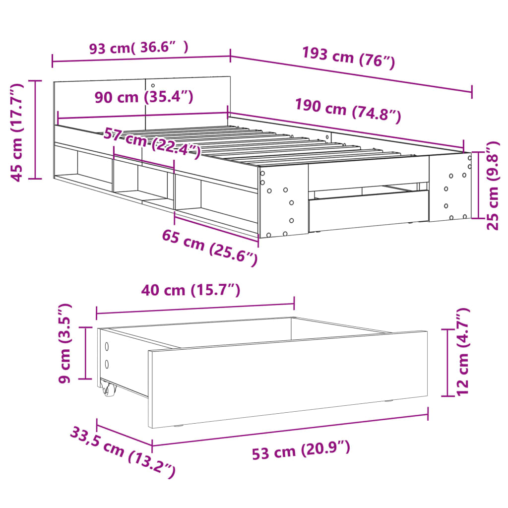 betonszürke szerelt fa ágykeret fiókkal 90 x 190 cm