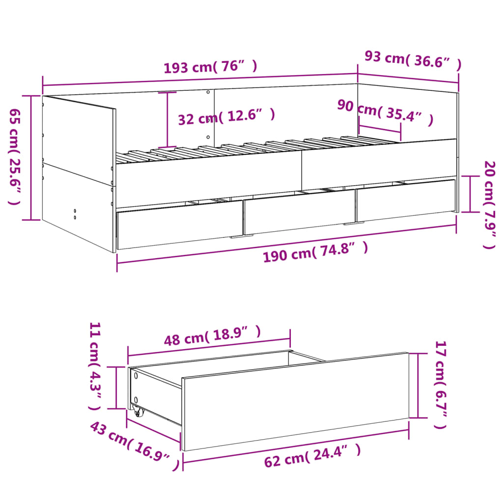 betonszürke kanapéágy fiókkal matrac nélkül 90x190 cm