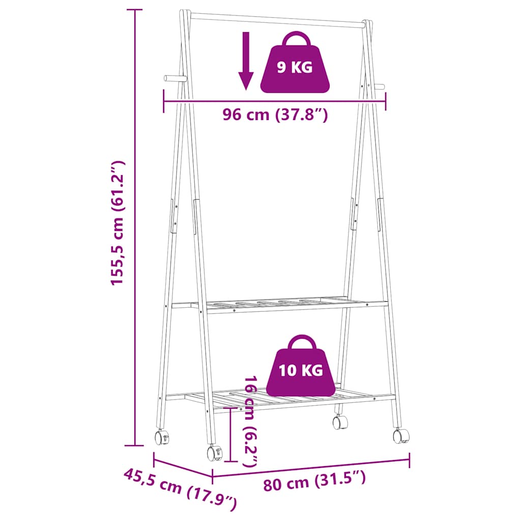 bambusz ruhaállvány polcokkal és kerekekkel 96x45,5x155,5 cm