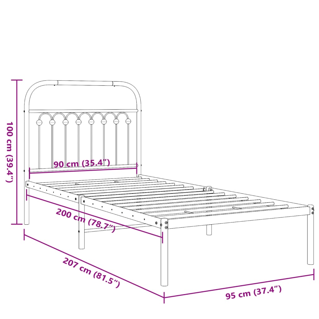 fekete fém ágykeret fejtámlával 90 x 200 cm