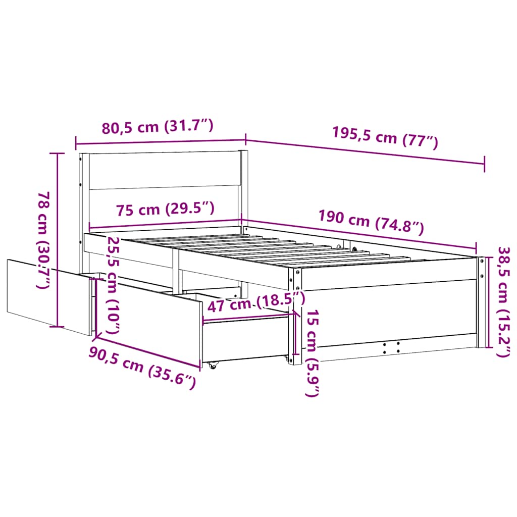 tömör fenyőfa ágy matrac nélkül 75 x 190 cm