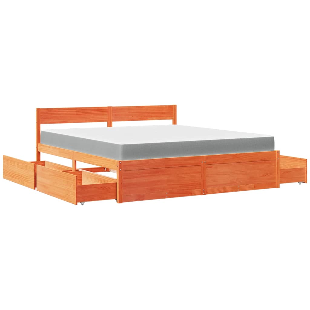 viaszbarna tömör fenyőfa ágy fiókokkal és matraccal 180x200 cm
