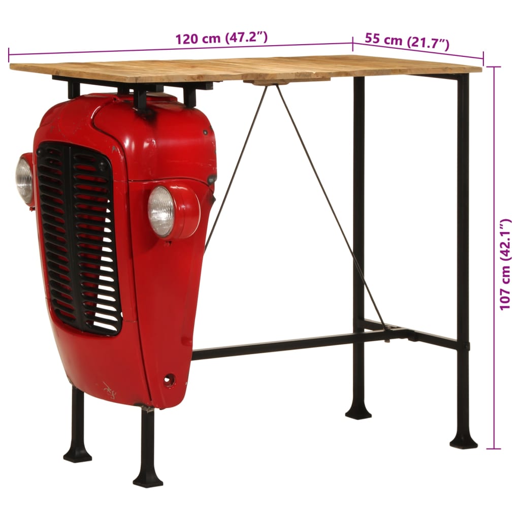 piros és barna tömör mangófa traktor bárasztal 55x120x107 cm
