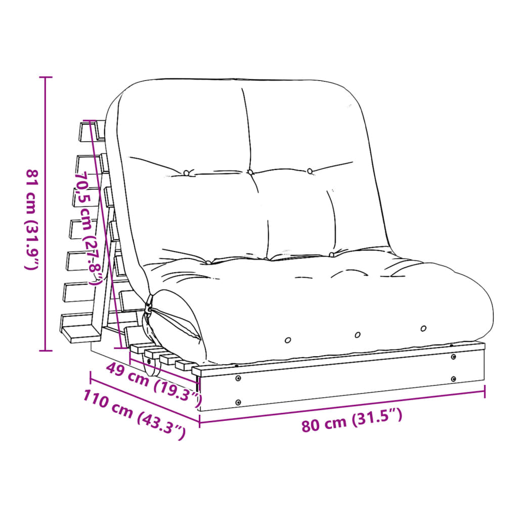 tömör impregnált fenyőfa futon kanapéágy matraccal 80x206x11 cm