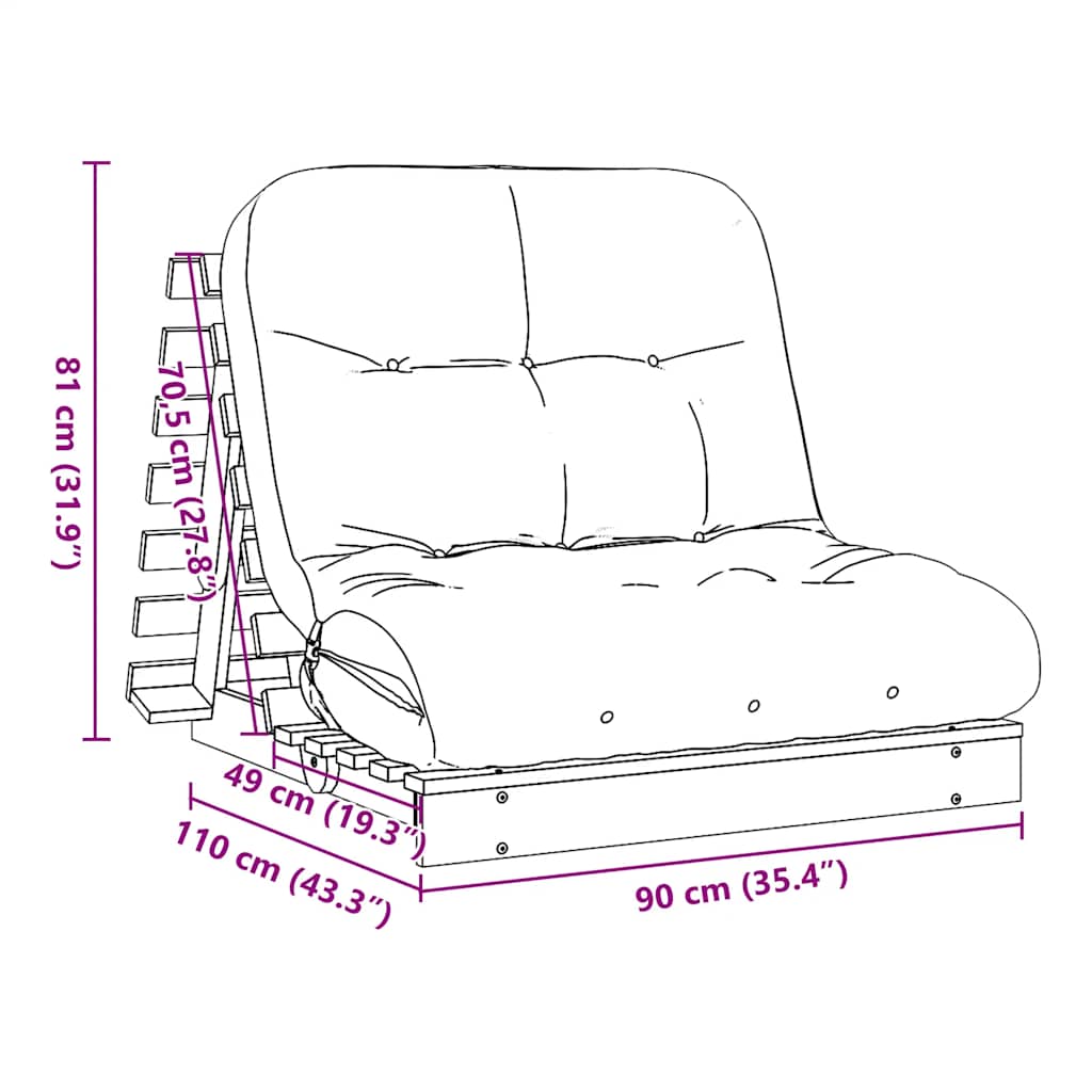 tömör impregnált fenyőfa futon kanapéágy matraccal 90x206x11 cm