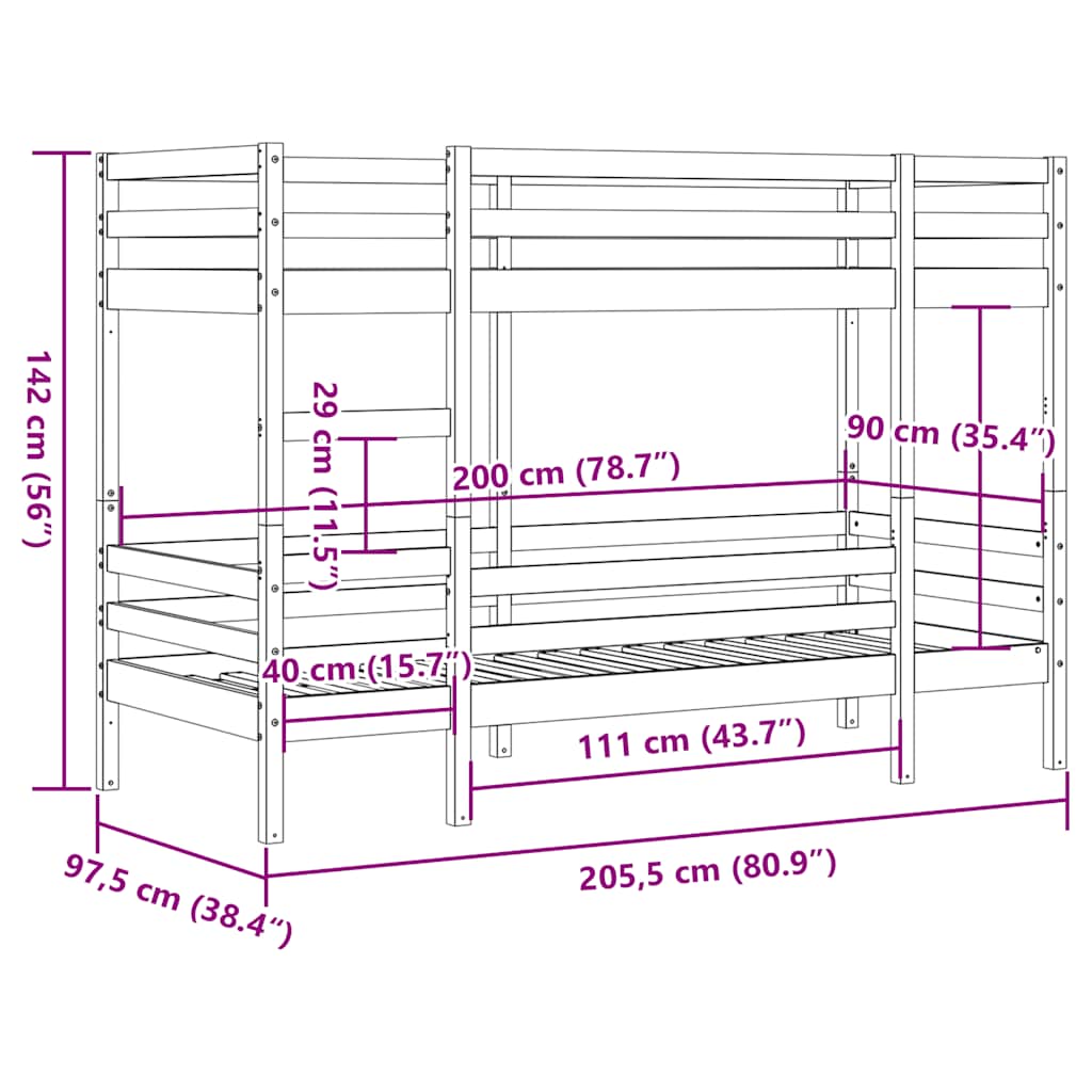 tömör fenyőfa emeletes ágy matrac nélkül 90 x 200 cm