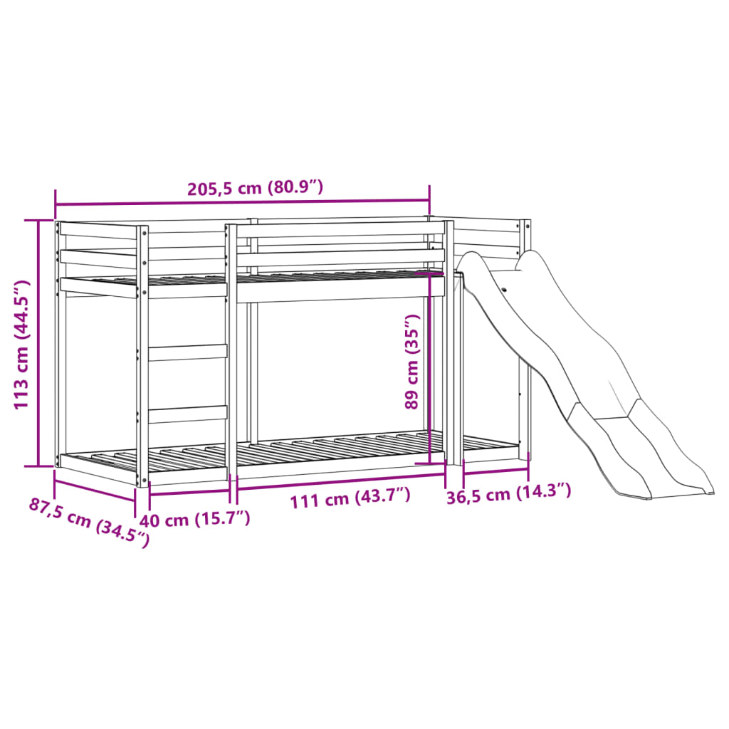 tömör fenyőfa emeletes ágy csúszdával és létrával 80 x 200 cm