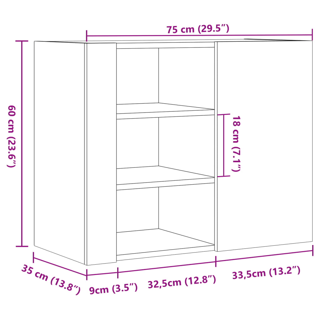 betonszürke szerelt fa faliszekrény 75 x 35 x 60 cm