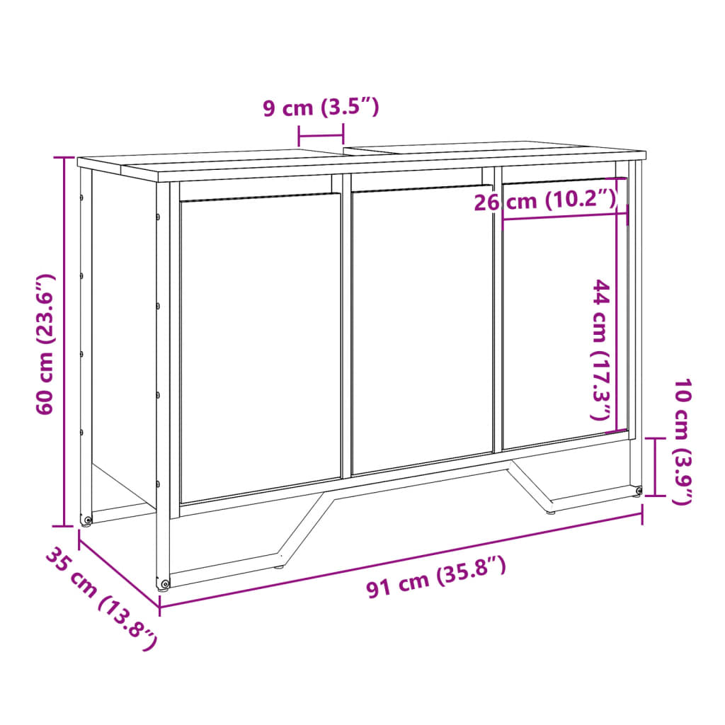 füstös tölgy szerelt fa fürdőszobai mosdószekrény 91x35x60 cm