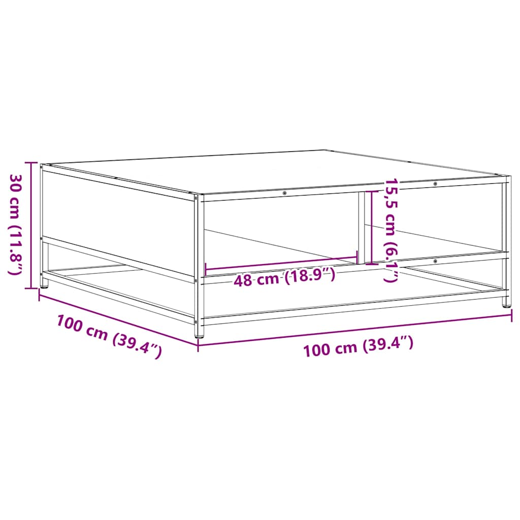 fekete szerelt fa és fém dohányzóasztal 100 x 100 x 30 cm