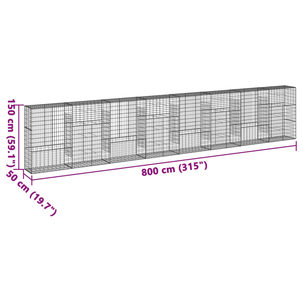 horganyzott vas gabion kosár fedéllel 800 x 50 x 150 cm