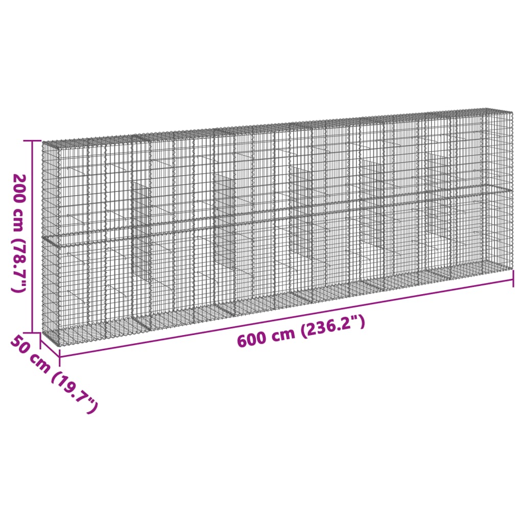 horganyzott vas gabion kosár fedéllel 600 x 50 x 200 cm