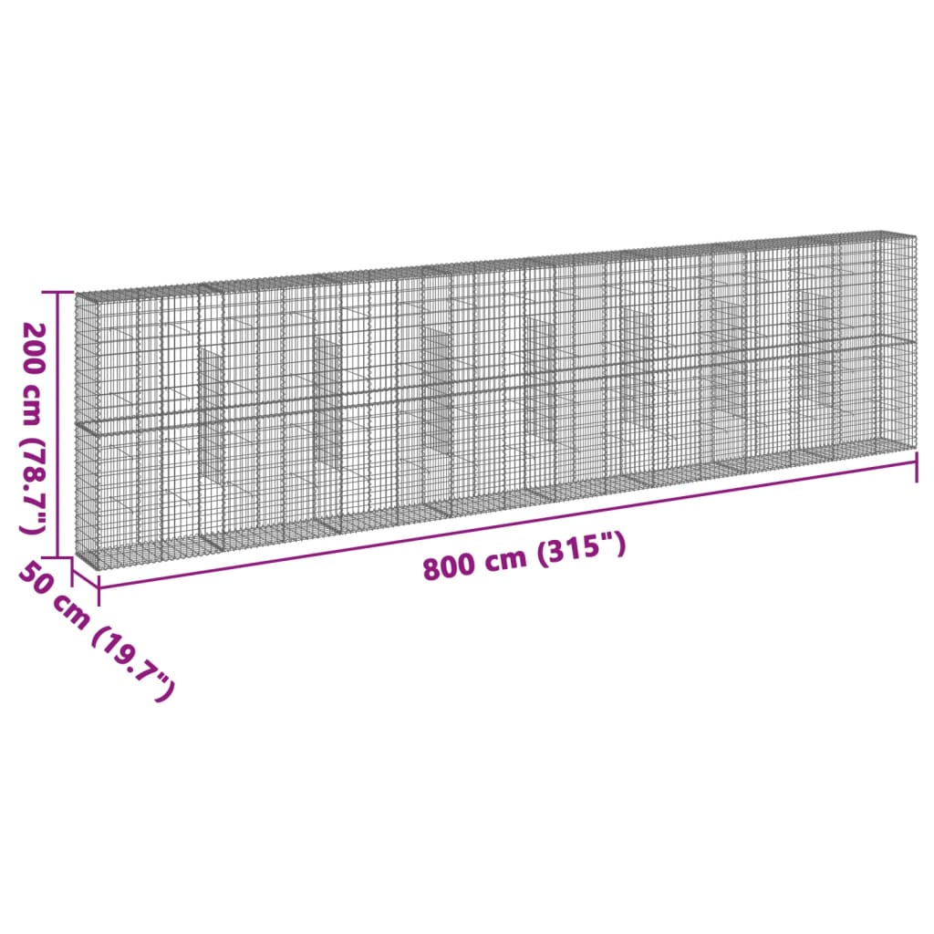 horganyzott vas gabion kosár fedéllel 800 x 50 x 200 cm