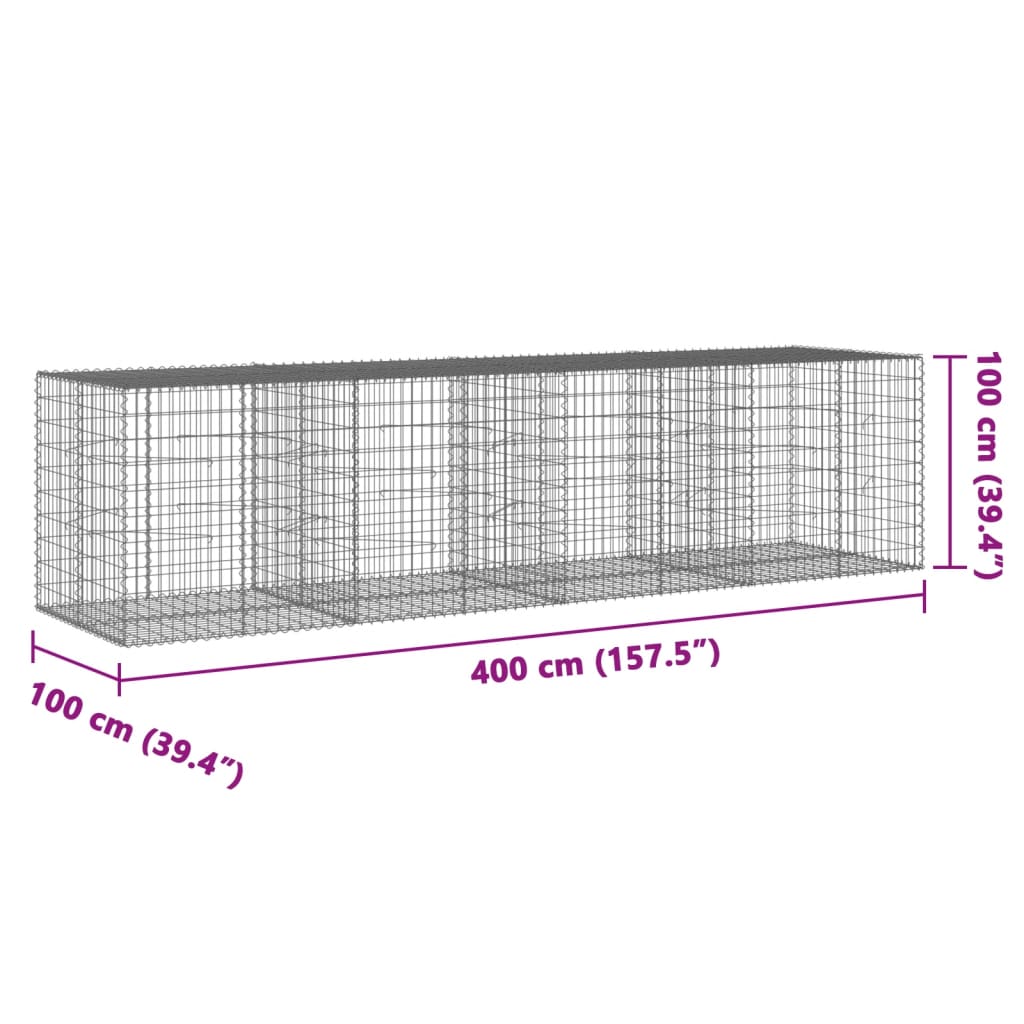 horganyzott vas gabion kosár fedéllel 400 x 100 x 100 cm