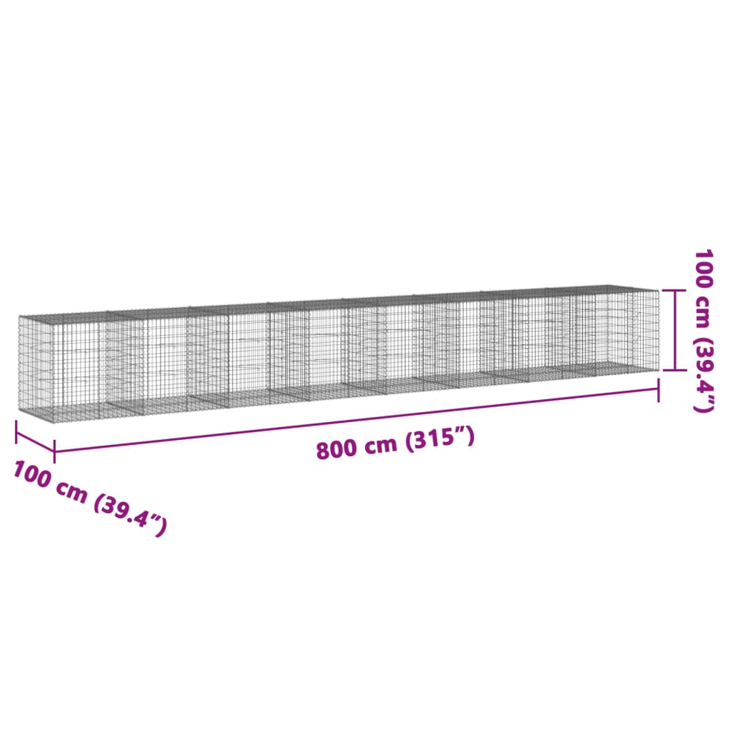 horganyzott vas gabion kosár fedéllel 800 x 100 x 100 cm