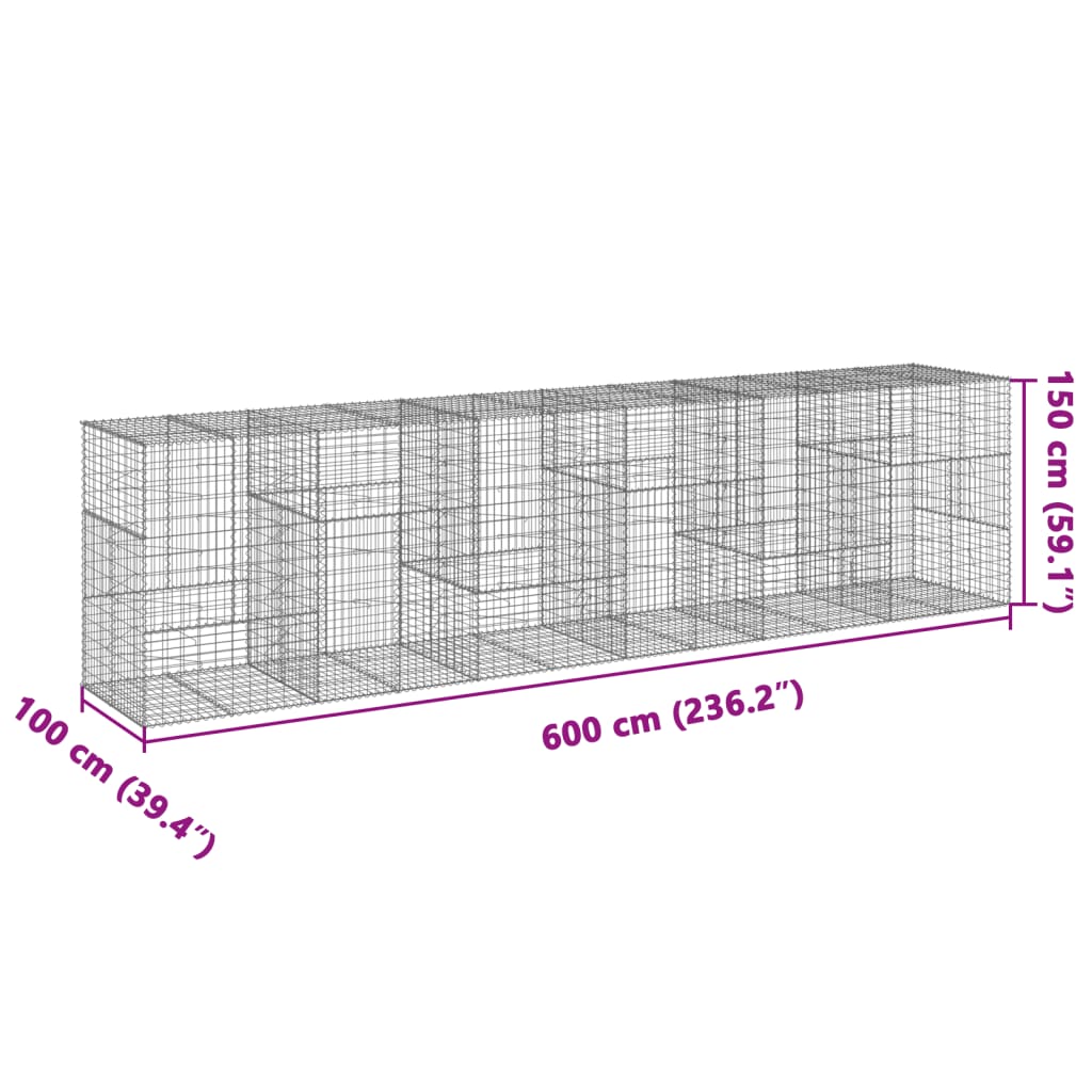 horganyzott vas gabion kosár fedéllel 600 x 100 x 150 cm