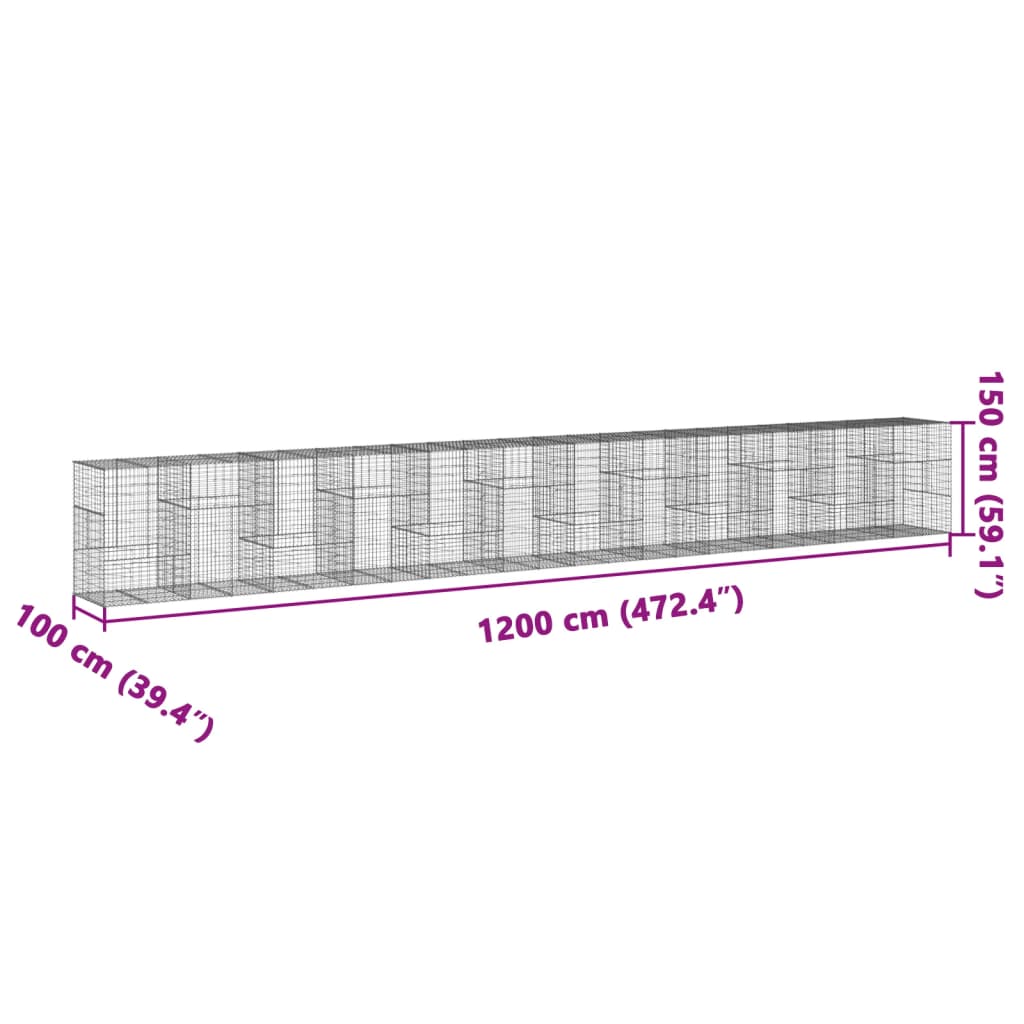 horganyzott vas gabion kosár fedéllel 1200 x 100 x 150 cm
