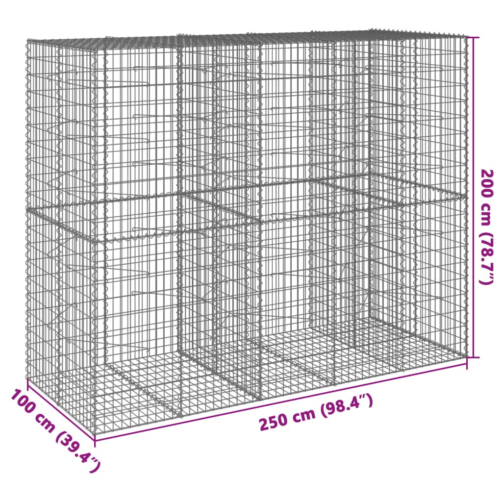 horganyzott vas gabion kosár fedéllel 250 x 100 x 200 cm