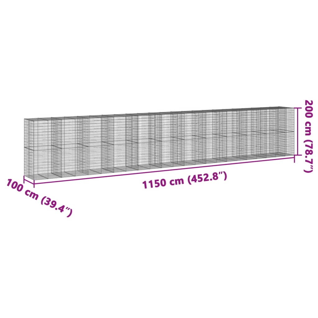 horganyzott vas gabion kosár fedéllel 1150 x 100 x 200 cm