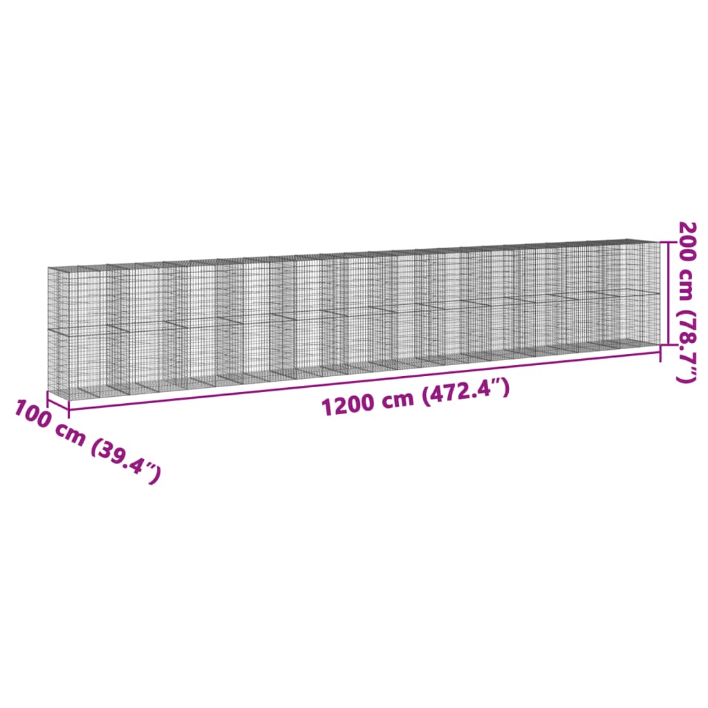 horganyzott vas gabion kosár fedéllel 1200 x 100 x 200 cm