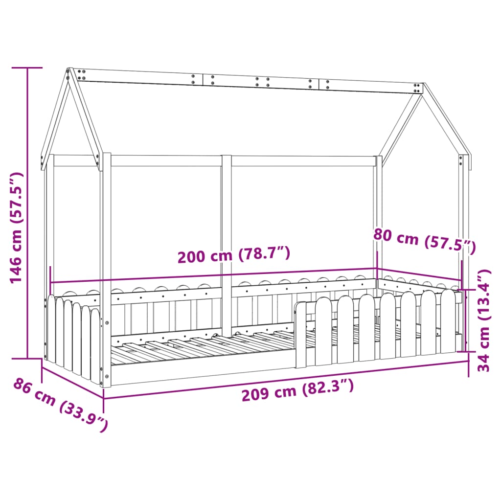 viaszbarna tömör fenyőfa házikó gyerekágykeret 80 x 200 cm