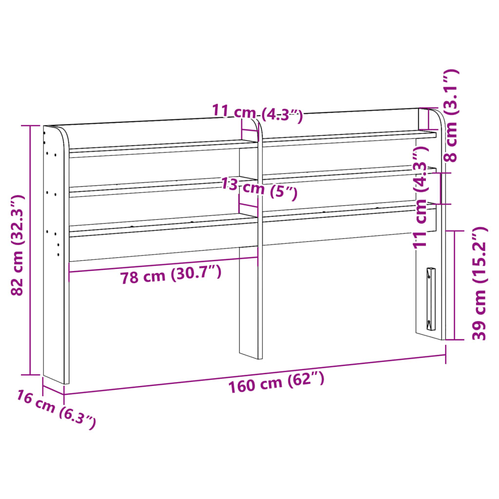 fehér tömör fenyőfa fejtámla polcokkal 150 cm