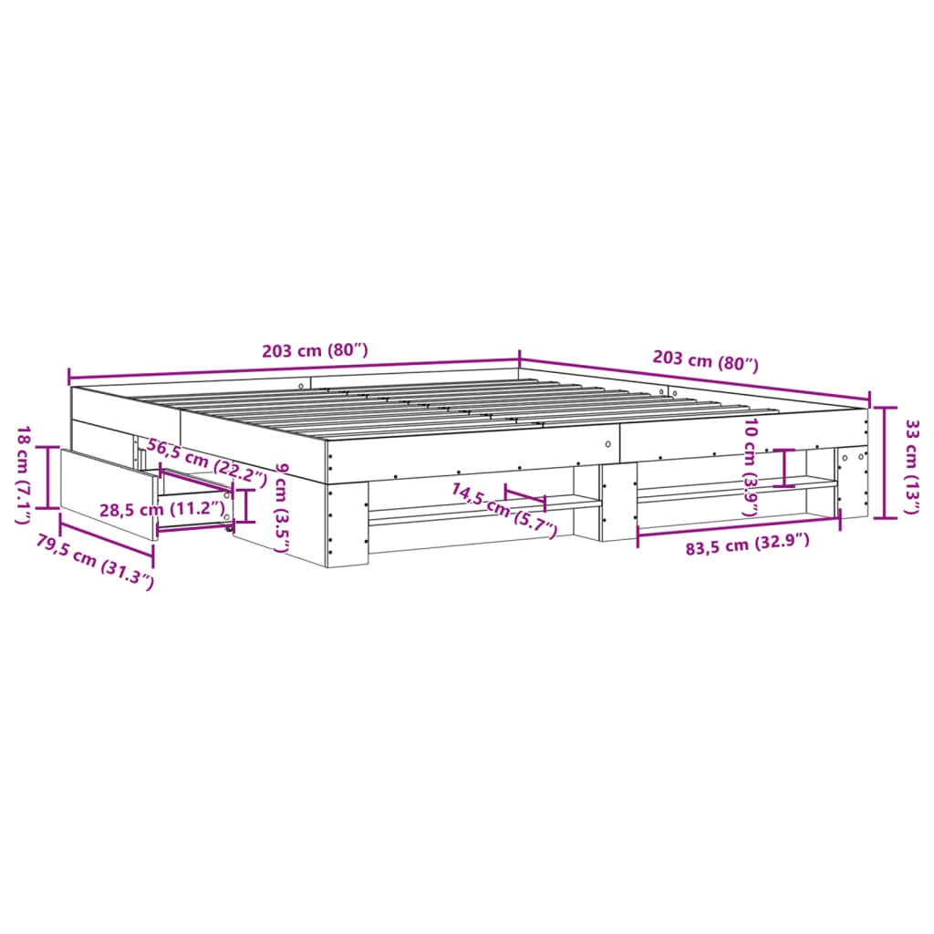 betonszürke szerelt fa ágykeret 200 x 200 cm