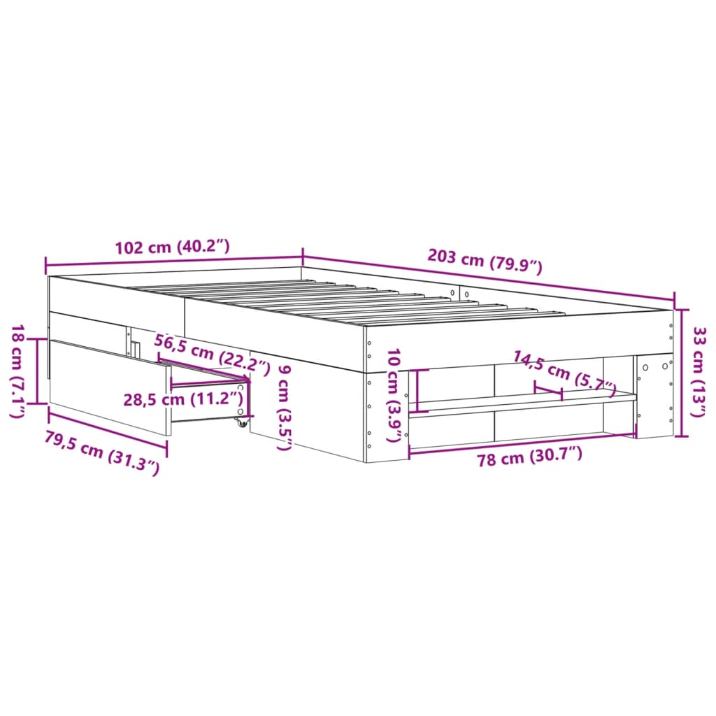 füstös tölgy színű szerelt fa ágykeret matrac nélkül 100x200 cm