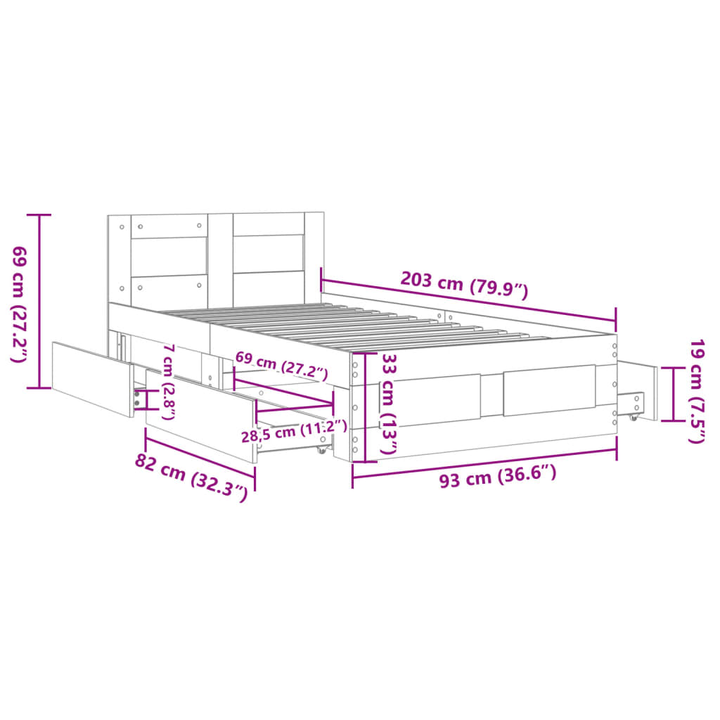 füstös tölgyszínű szerelt fa ágykeret fejtámlával 90 x 200 cm