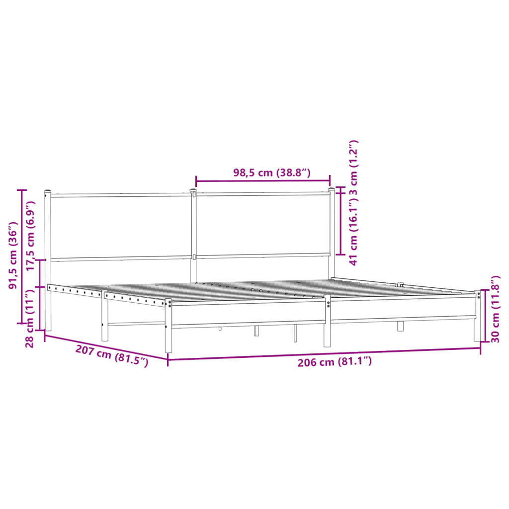 füstös tölgy színű fém ágykeret matrac nélkül 200 x 200 cm