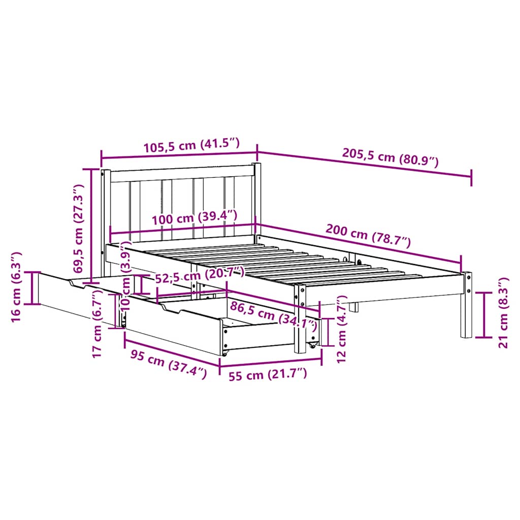 viaszbarna tömör fenyőfa ágy matrac nélkül 100 x 200 cm
