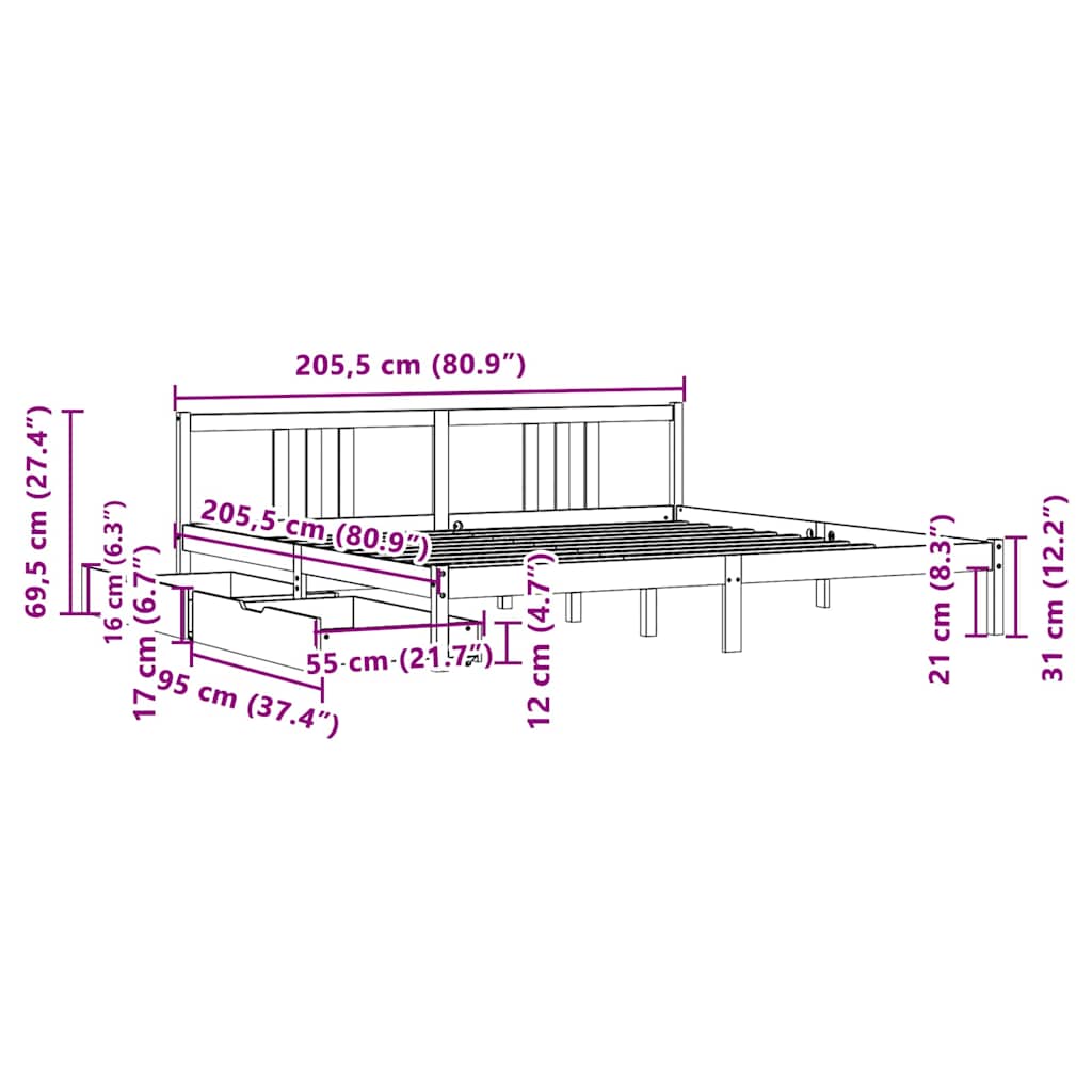fehér tömör fenyőfa ágy matrac nélkül 200 x 200 cm