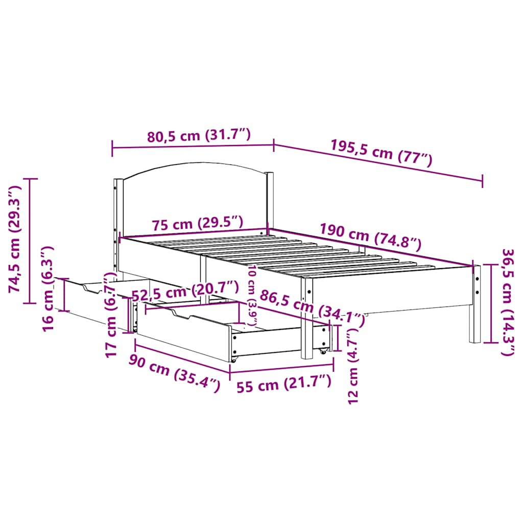 tömör fenyőfa ágy matrac nélkül 75 x 190 cm