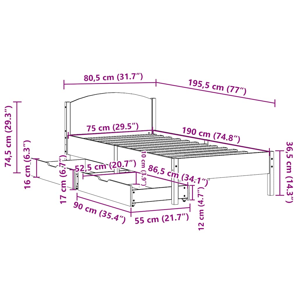 viaszbarna tömör fenyőfa ágy matrac nélkül 75 x 190 cm