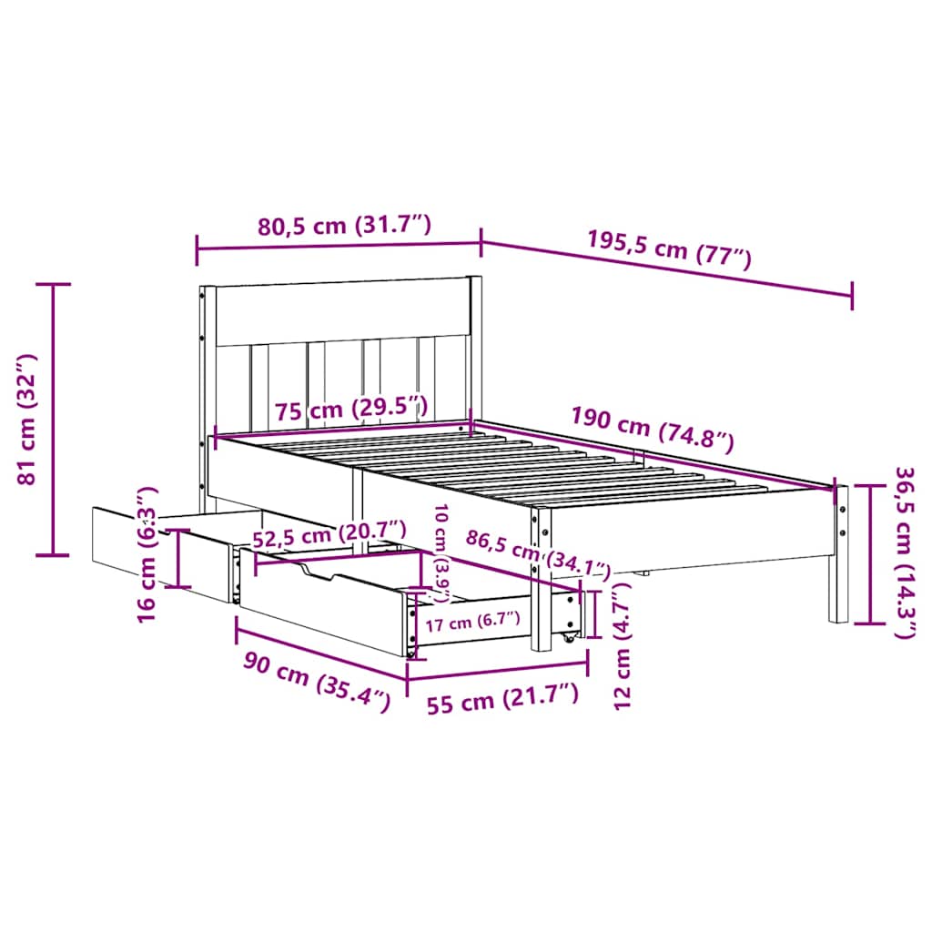 viaszbarna tömör fenyőfa ágy matrac nélkül 75 x 190 cm