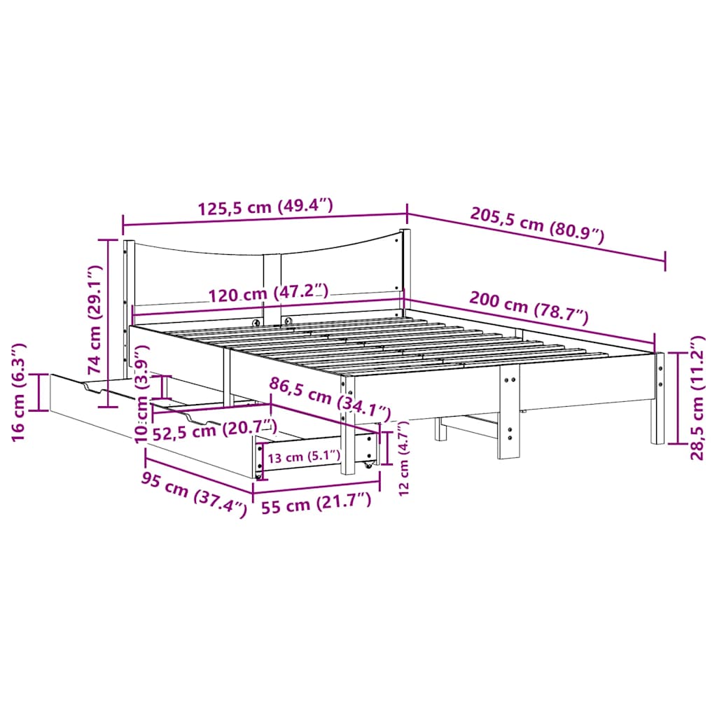 viaszbarna tömör fenyőfa ágykeret fiókokkal 120 x 200 cm