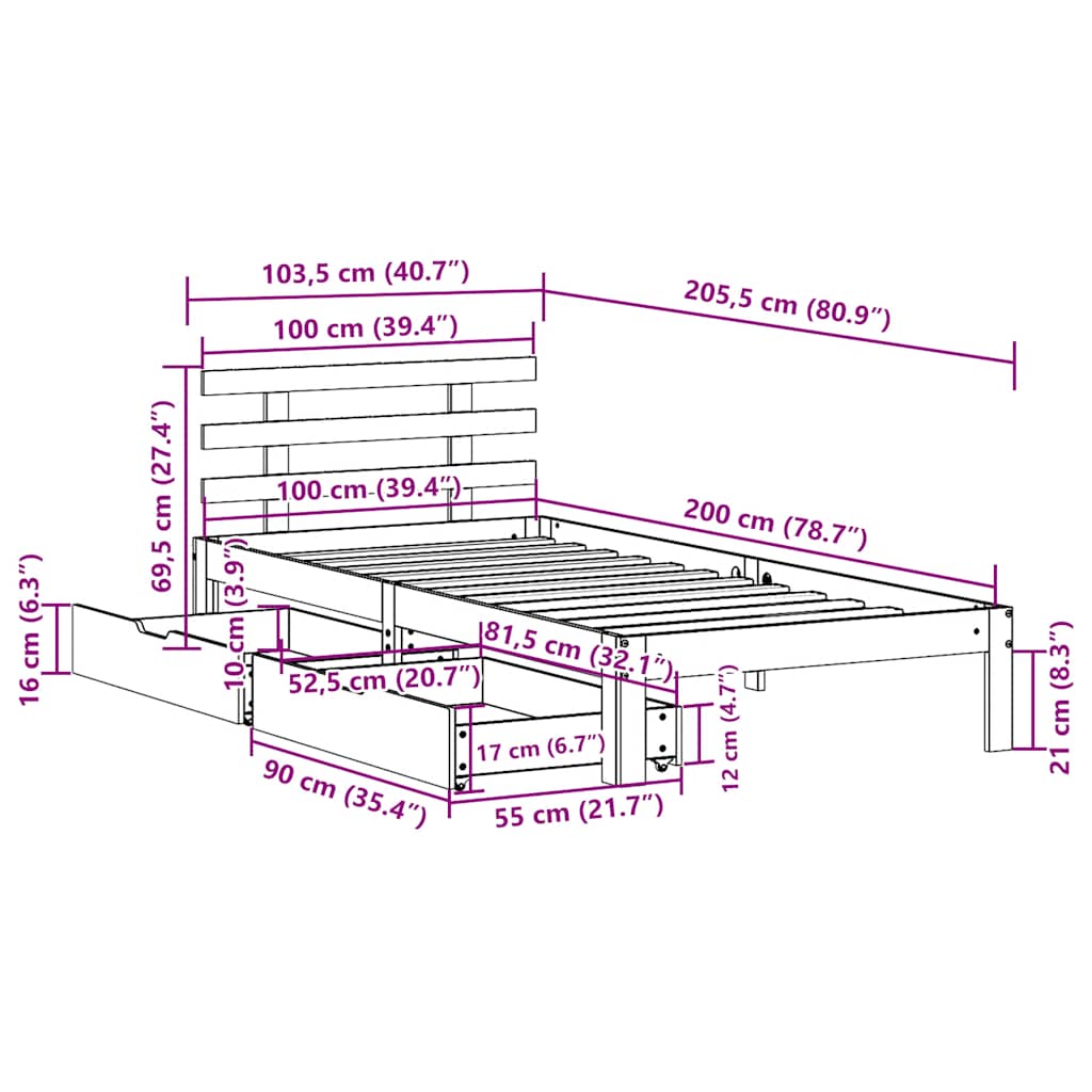 viaszbarna tömör fenyőfa ágykeret fiókokkal 100 x 200 cm