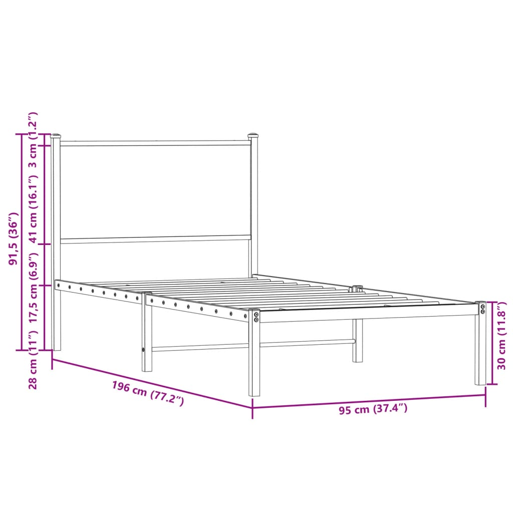 füstös tölgy színű fém ágykeret matrac nélkül 90 x 190 cm
