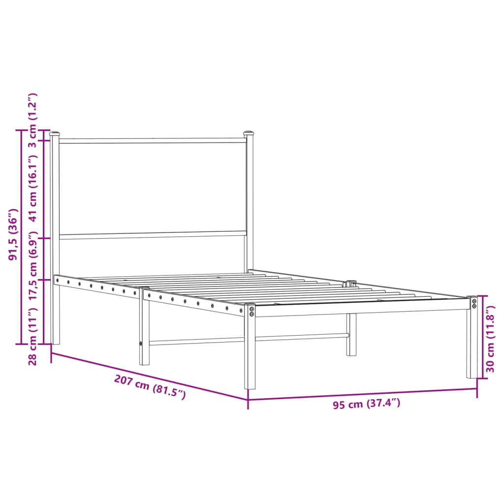 füstös tölgy színű fém ágykeret matrac nélkül 90 x 200 cm