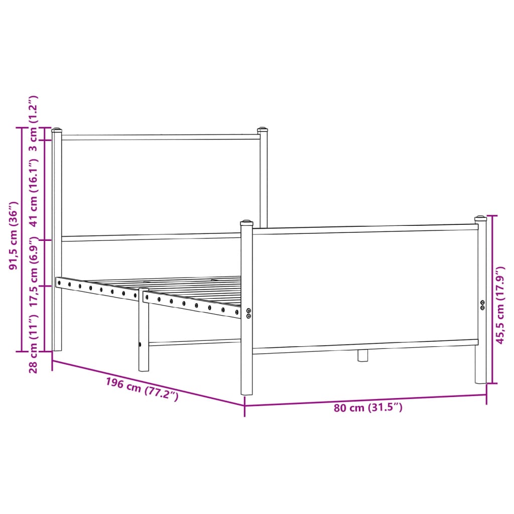 barna tölgy színű fém ágykeret matrac nélkül 75 x 190 cm