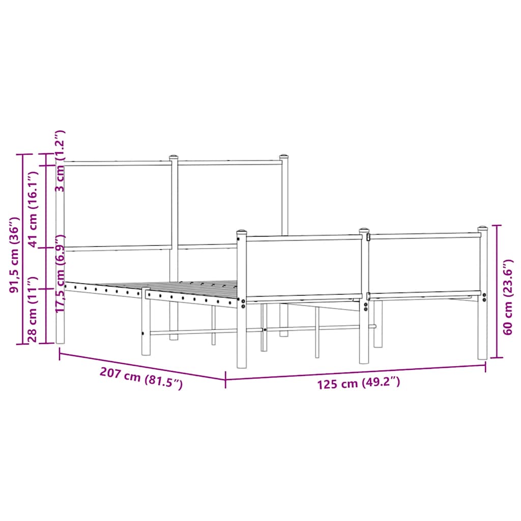 barna tölgy színű fém ágykeret matrac nélkül 120 x 200 cm