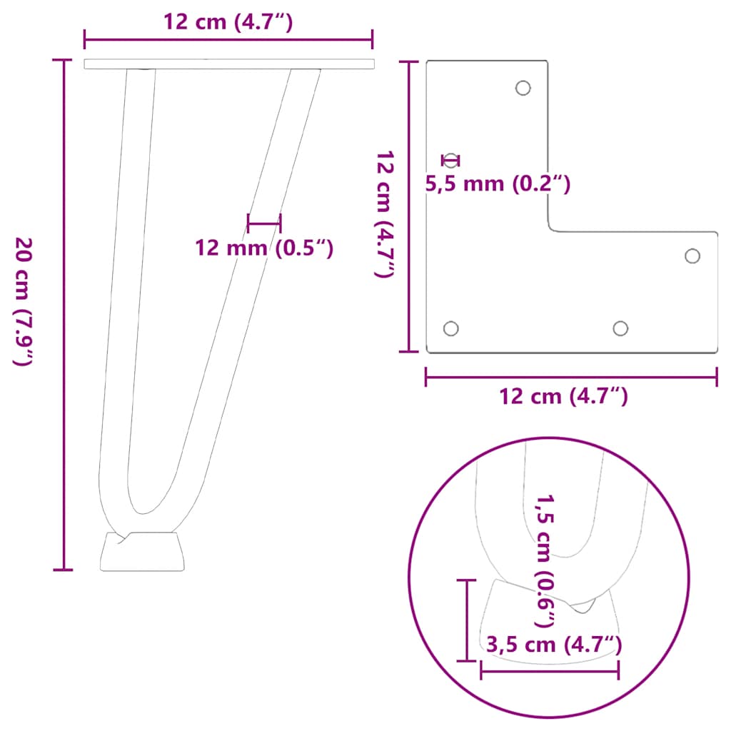 4 db fehér, tömör acél hajtűláb dohányzóasztalhoz 20 cm