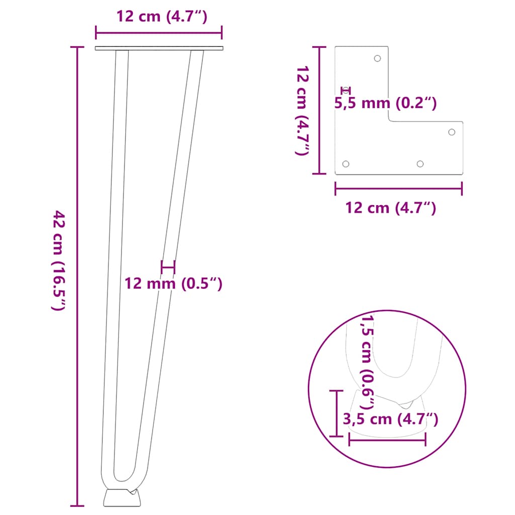 4 db fekete, tömör acél hajtűláb dohányzóasztalhoz 42 cm