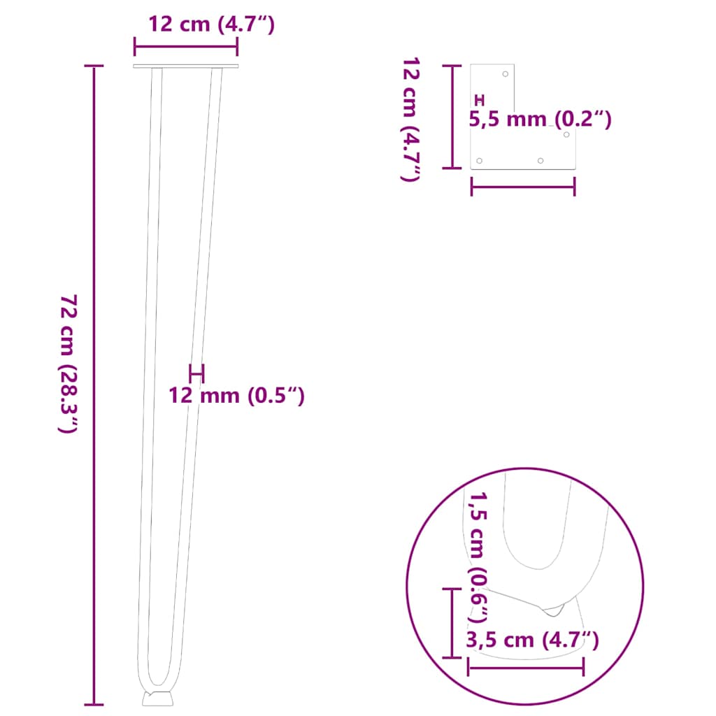 4 db-os antracit színű, 72 cm-es tömör acél hajtűlábak konzolasztalhoz