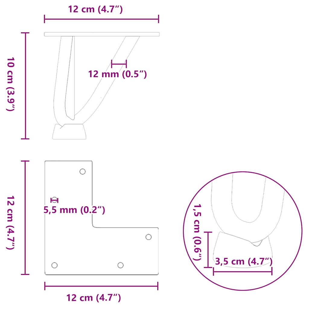 4 db fekete, tömör acél hajtűláb dohányzóasztalhoz, 10 cm