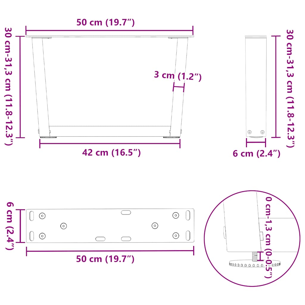 2 db fekete, V-alakú acél dohányzóasztal láb 50 x (30-31,3) cm