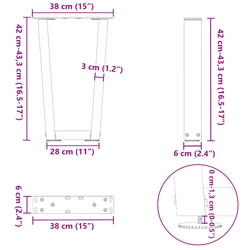 2 db fekete, V-alakú acél dohányzóasztal láb 38 x (42-43,3) cm