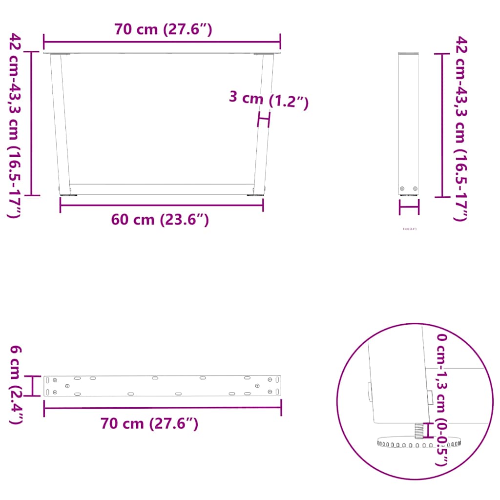 2 db fehér, V-alakú acél dohányzóasztal láb 70 x (42-43,3) cm