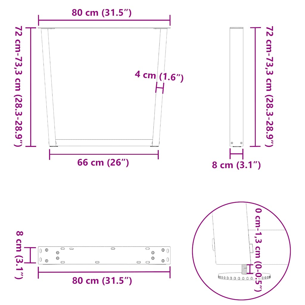 2 db antracitszürke, V-alakú acél étkezőasztal láb 80 x (72-73,3) cm